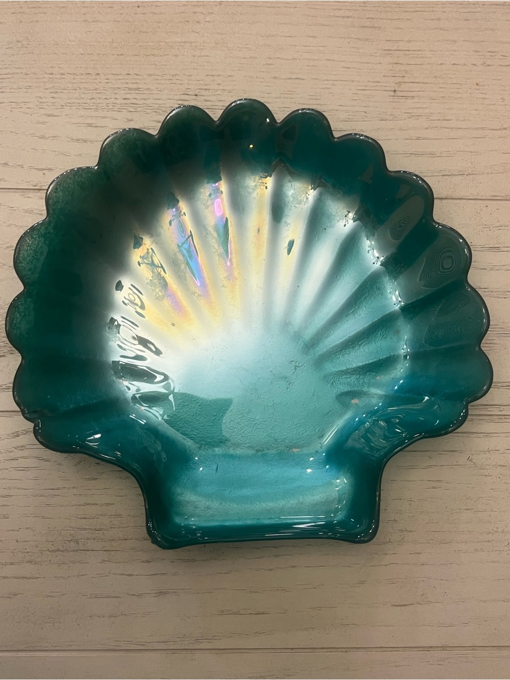 Teal Art Glass Seashell Bowl Dish Coastal Beach Decor 7”